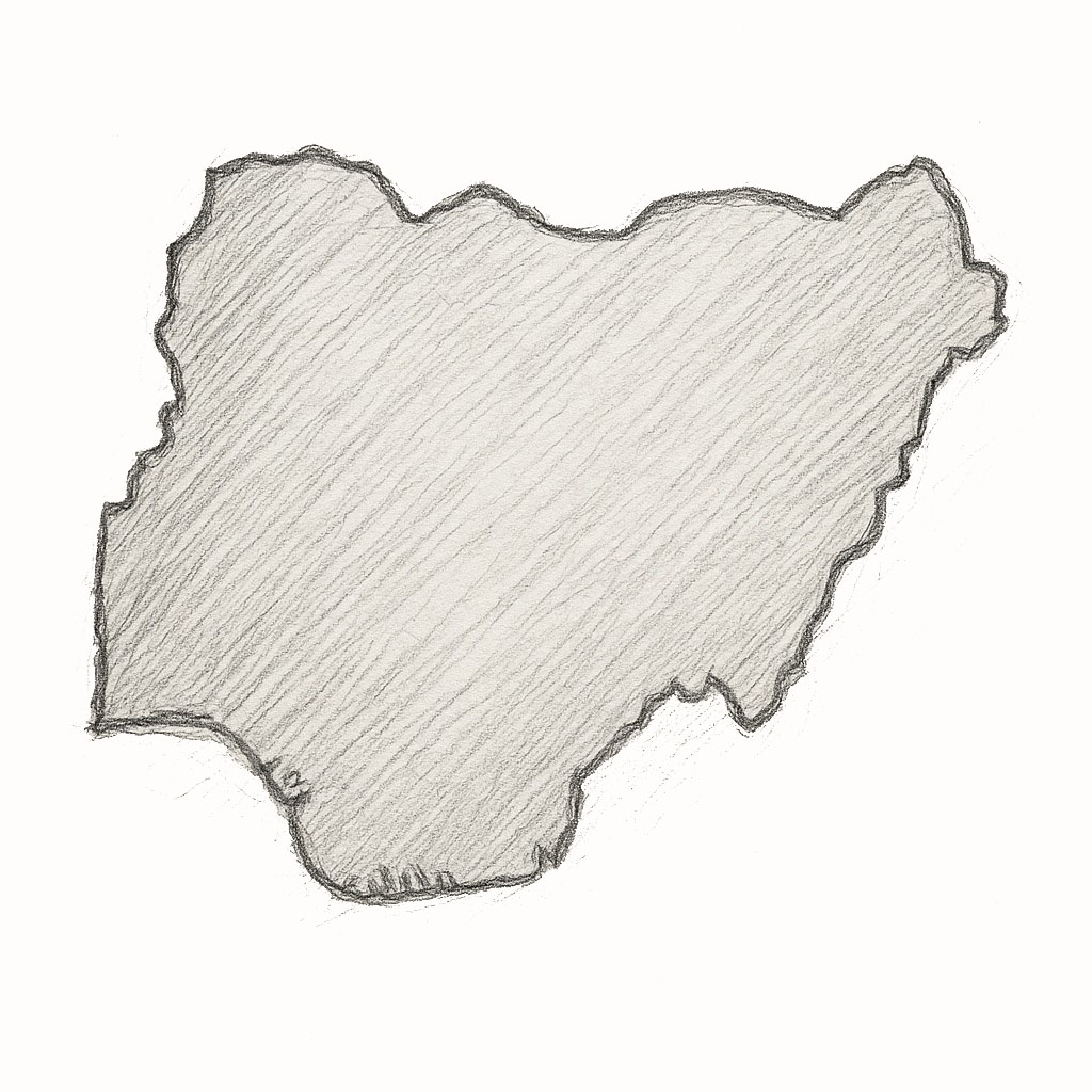 A handmade, pencil-drawn outline of Nigeria without state boundaries, symbolizing a unified national landscape.