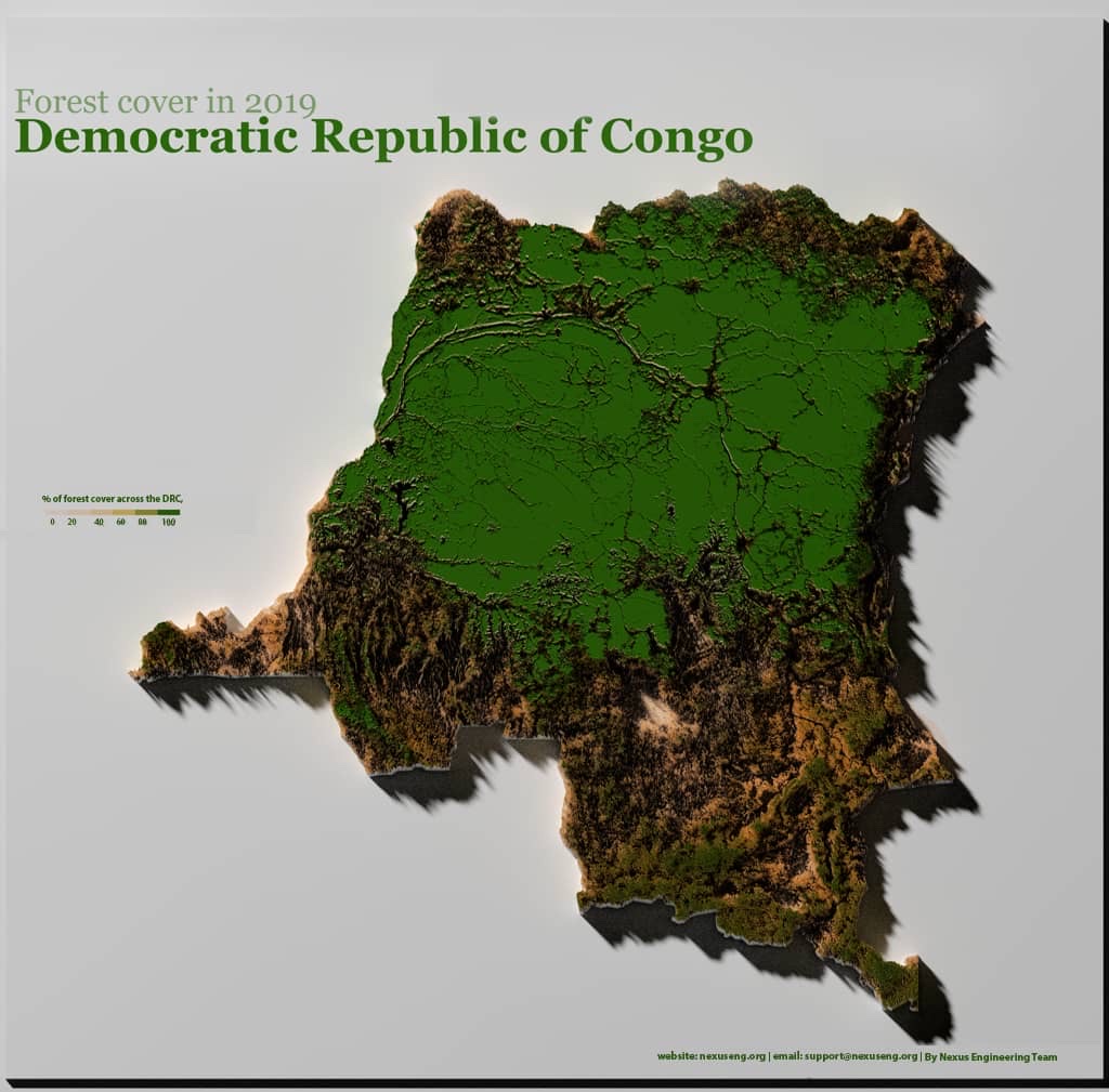3D terrain visualization of the Democratic Republic of Congo showing elevation patterns and forest cover density